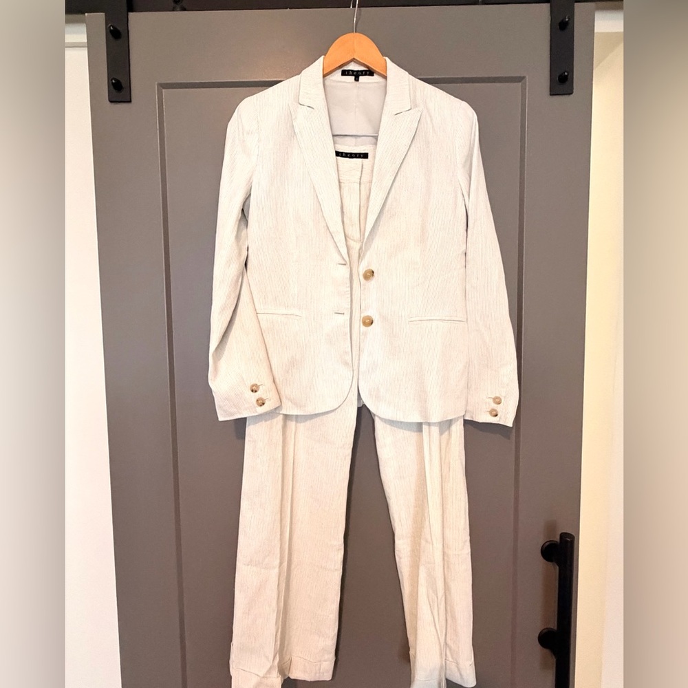Theory Women’s Light Gray Pinstripe Suit Blazer & Trousers